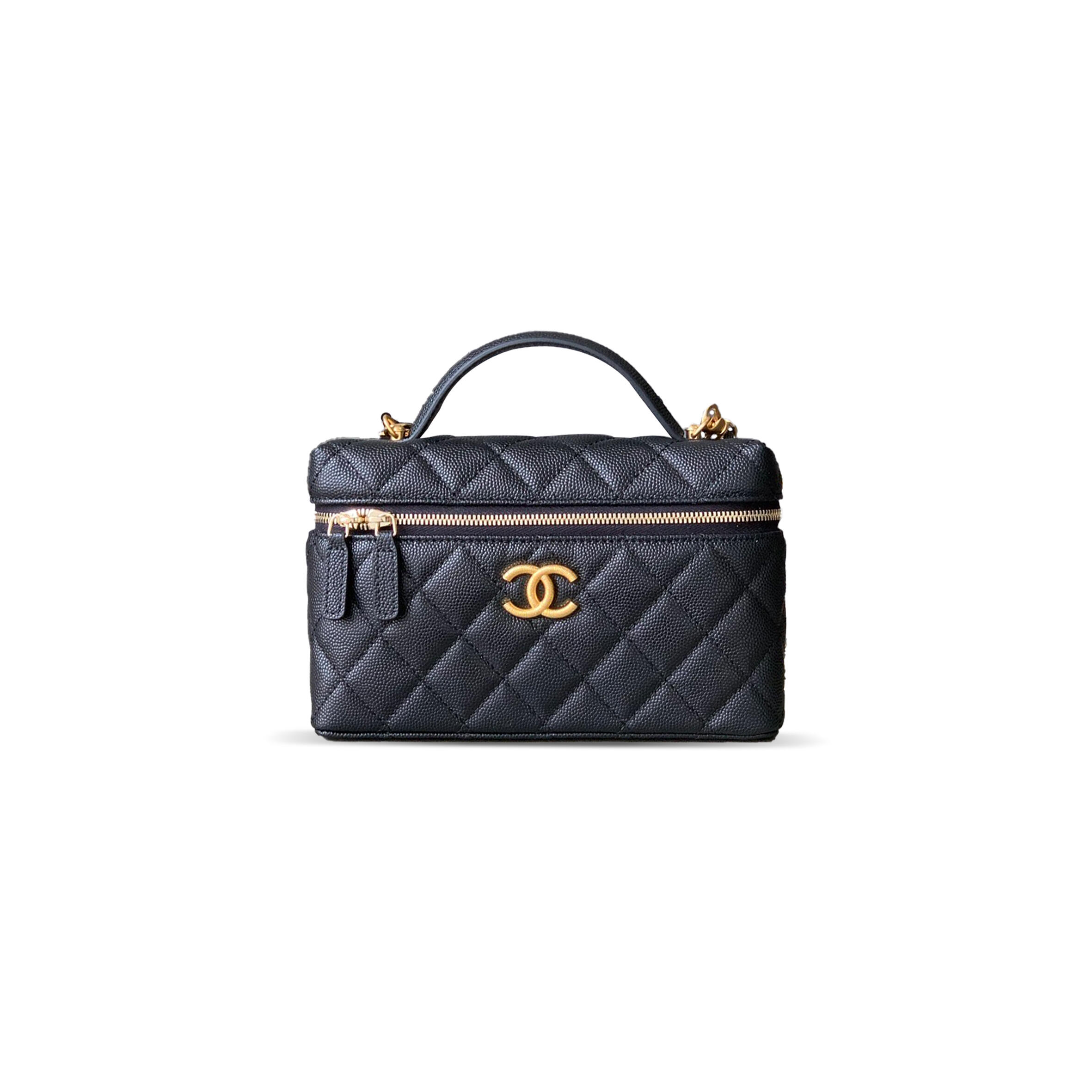 Ch**el cc top handle long vanity case with chain shiny caviar light gold hardware black ap4385 (19.5*17*5cm)